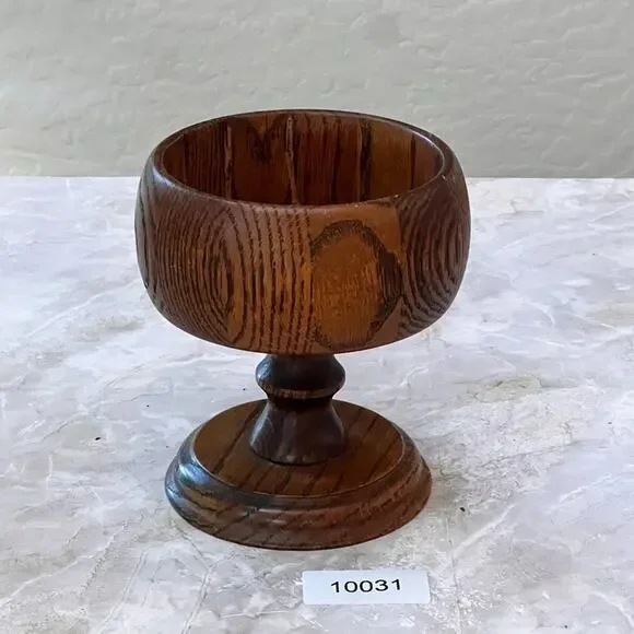 Vintage Rustic Oak Wood Pedestal Bowl 6" Tall Display Decor - Picture 7 of 7